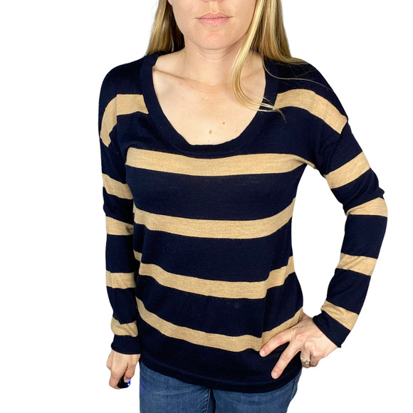 Willi Smith Merino Wool Navy Tan Striped Sweater Size Small - Picture 2 of 9